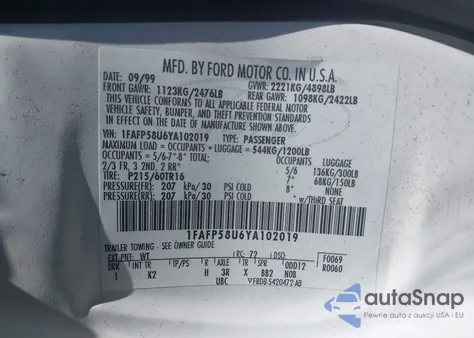 2000 Ford Taurus Se z USA, uszkodzony, nr VIN 1FAFP58U6YA102019